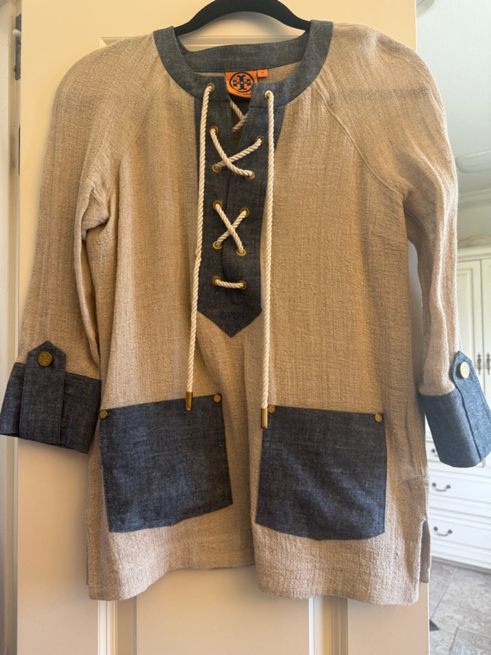 Tory Burch Tunic-Style Lace-Up Jacket in Beige with Navy Accents